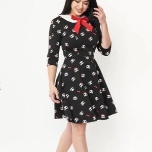 Unique Vintage NWT Black & Panda Print Wednesday Flare Dress